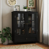 Minimalist Black Buffet Cabinet with Double Glass Doors and Drawer, Modern Wooden Storage Sideboard W2557P307942