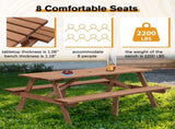 8-Person Rectangle Wooden Picnic Table, Outdoor Camping Dining Table with 2 Seats, Garden, DIY w/2 08420818