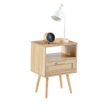 ZUN 15.75" Rattan End table with Power Outlet & USB Ports , Modern nightstand with drawer and solid wood W126573116