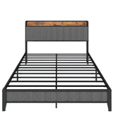 Queen Size Bed Frame with Charging Station, Upholstered Headboard, Metal Platform, Grey W1960131346