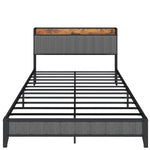 ZUN Full Size Bed Frame with Charging Station, Upholstered Headboard, Metal Platform, Grey W1960131344