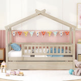 Twin Size Wooden House Bed with Twin Size Trundle, Natural WF302178AAN