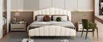 ZUN Queen Size Velvet Platform Bed with Thick Fabric, Stylish Stripe Decorated Bedboard and Elegant 00803623