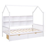 Wooden Twin Size House Bed with 2 Drawers,Kids Bed with Storage Shelf, White WF301456AAK