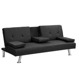 ZUN Sofa Bed with Armrest two holders WOOD FRAME, STAINLESS LEG, FUTON BLACK PVC W311124707