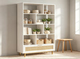 White Rattan Drawer Bookcase 8 Open Cubbies, Freestanding Engineered Wood Storage Display Shelf 16893982