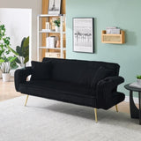 The straight-row Black corduroy sofa with throw pillows, featuring a minimalist style, is suitable W1658P251987