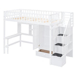 ZUN Twin size Loft Bed with Bookshelf,Drawers,Desk,and Wardrobe-White 57270378