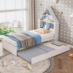 ZUN Twin Size House-Shaped Bed with Bookcase Headboard and Led Light and Twin Size Trundle for Kids Boys WF530847AAC