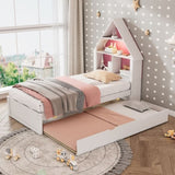 ZUN Twin Size House-Shaped Bed with Bookcase Headboard and Led Light and Twin Size Trundle for Kids Boys WF530847AAH