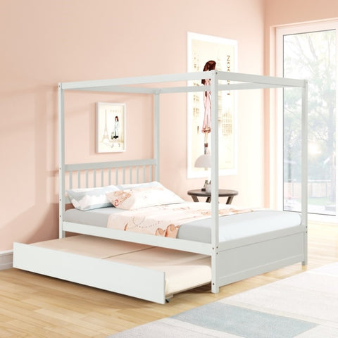 ZUN Full Size Canopy Bed with Twin Trundle, Kids Solid Wood Platform Bed Frame w/ Headboard, No Box W69740997