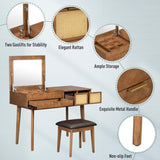43.3" Classic Wood Makeup Vanity Set with Flip-top Mirror and Stool, Dressing Table with Three N704P165645