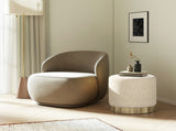 Hampton 18" Round Upholstered Ottoman with Scalloped Base, Speckled Egg Beige Chenille B2719P245958