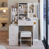 29.2" Small Size Left Bedside Cabinet Vanity Table Cushioned Stool, 2 AC2 USB Power Station, Hair W3258P287970