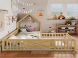 Twin Size House Floor Bed, Double Twin Floor Bed with Door and Full-length Guardrails, W1580P327129