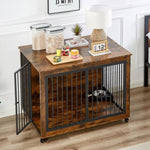 ZUN Furniture Style Dog Crate Side Table With Rotatable Feeding Bowl, Wheels, Three Doors, Flip-Up Top W1820106190