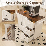 White Kitchen Island Cart with Foldable Tabletop & Drop Leaf - Mobile Breakfast Bar on Wheels with W2700P300558