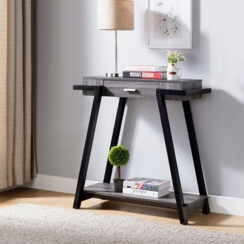 ZUN Modern Hallway Display Table with Drawer & Bottom Shelve in Distressed Grey & Black B107130875