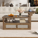 U-Can Modern Coffee Table, Coffee Table with 1 Storage Shelf, 2 Tabletops and 1 Rattan Drawer For N724P232190D