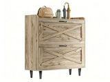 2-Drawer Barn Door Shoe Cabinet with Side Panel Countertop Melamine Board Embossed MDF Shoe Cabinet 19396137
