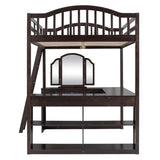 Full Wooden Loft Bed with U-shaped Desk,Storage Compartments and Tri-fold Mirror, Espresso 27628396