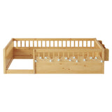 Twin Montessori Floor Bed Frame with High Rails, Wood Kids Floor Beds with Light and Storage Shelf, W2593P333571
