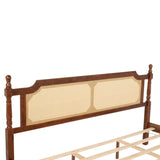 King Pine wooden Bed with Rattan Headboard and Footboard, with Central Enhanced Bed Platform,Walnut W504P269835
