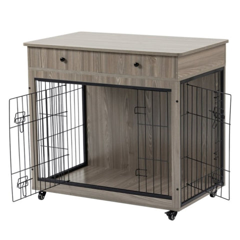 ZUN 38.4" Wooden Dog Crate Furniture Decorative Pet Cage Dog Kennel with 2 Drawers 54423538