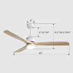 ZUN 60 Inch Ceiling Fan With Dimmable Led Light 3 Solid Wood Blades Remote Control Reversible DC Motor W882P147256