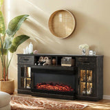 70-inch Black Gold Oak Electric Fireplace TV Stand - 2 Lattice Glass Doors, 2 Drawers & Shelf, 87298241