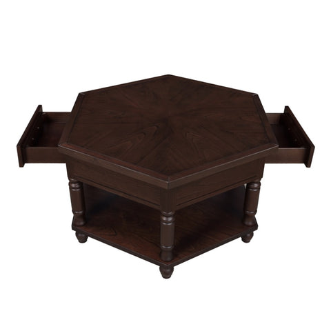 ZUN 2 Tier Retro Hexagon Living Room Solid Wood Coffee Table with Shelf & Drawer, 36'' Mid-Century W1202P164000