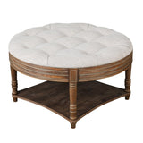 ZUN Large Round WaterProof Ottoman Coffee Table 2 Tier Oversized Button Tufted Ottoman with Wooden Shelf W1445P235095