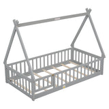 Twin Tent-shaped Floor Bed, with Guardrails, Slats, Door ,Grey W504119500
