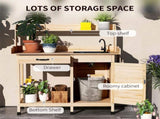 Natural Wood Outdoor Potting Bench with Storage Cabinet,Sink and Faucet ,Hooks 83627467