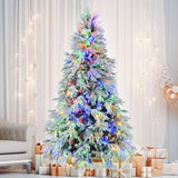 ZUN 7.5FT Pre-Lit Spruce Snow Flocked Christmas Tree, Artificial Hinged Xmas Tree with 350 Multi-Color N704P199476A