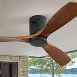 ZUN 52 Inch Low Profile Ceiling Fan DC 3 Carved Wood Fan Blade Noiseless Reversible Motor Remote Control W934P214539