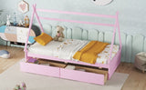 ZUN Twin Size House Platform Bed with Two Drawers,Headboard and Footboard, Pink WF322502AAH