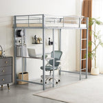 ZUN Twin Size Metal Loft Bed with Desk and Storage Shelves, 2 Built-in Ladders & Guardrails, Loft Bed 37145226