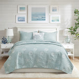 4 Piece Cotton Reversible Embroidered Quilt Set with Throw Pillow Aqua King/Cal King B03595791