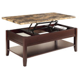 Dark Cherry Finish Wooden Lift Top Cocktail Table with Storage Shelf Faux Marble Top 1pc B011P175754