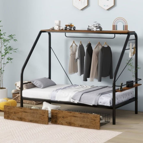 ZUN Twin Size Metal Frame Platform Bed with Clothes Rack, Storage Shelves and 2 Drawers, Black 12221668