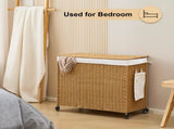 165L 3-Section Laundry Hamper with Lid and Wheels, Woven Rattan Rolling Laundry Hamper 60470878