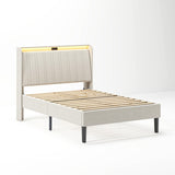 Twin Size Platform Bed Frame with Fabric Upholstered Headboard and Wooden Slats Support 75721607