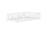 Twin Size Floor Bed with Fence and Door,Rubber Wood Floor Bed with Safety Guardrails,White W504P296777