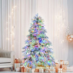 ZUN 6FT Pre-Lit Spruce Snow Flocked Christmas Tree, Artificial Hinged Xmas Tree with 300 Multi-Color LED N704P199474A