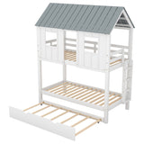 ZUN House Bunk Bed with Trundle,Roof and Windows,White 44673270