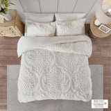 King/Cal King 3 Piece Tufted Cotton Chenille Damask Duvet Cover Set B03597341