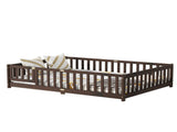 Full Size Floor Bed with Fence and Door,Rubber Wood Floor Bed with Safety Guardrails,Espresso W504P429302