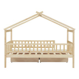 Twin Size Wooden House Bed with Two Drawers, Natural WF302181AAN