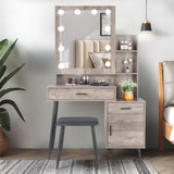 ZUN FCH Particleboard Triamine Veneer Iron Legs 2 Drawers 1 Door 2 Shelves Mirror Cabinet 3 Light Bulbs 76174909